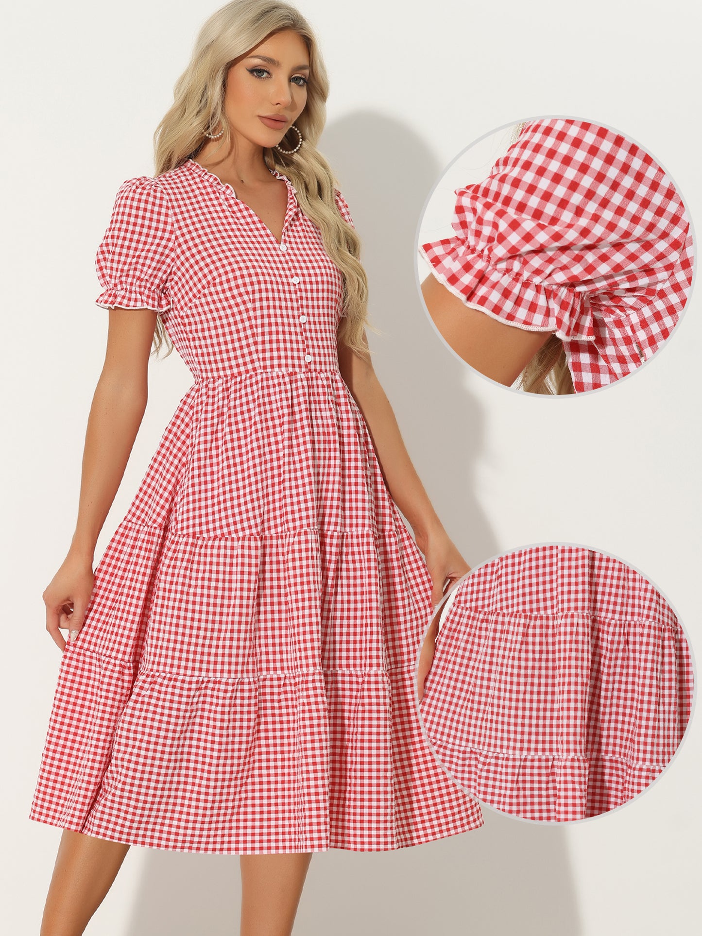 Women's Gingham Dress Summer Short Sleeve Ruffle Trim V Neck Button Decor Flowy Midi Dresses