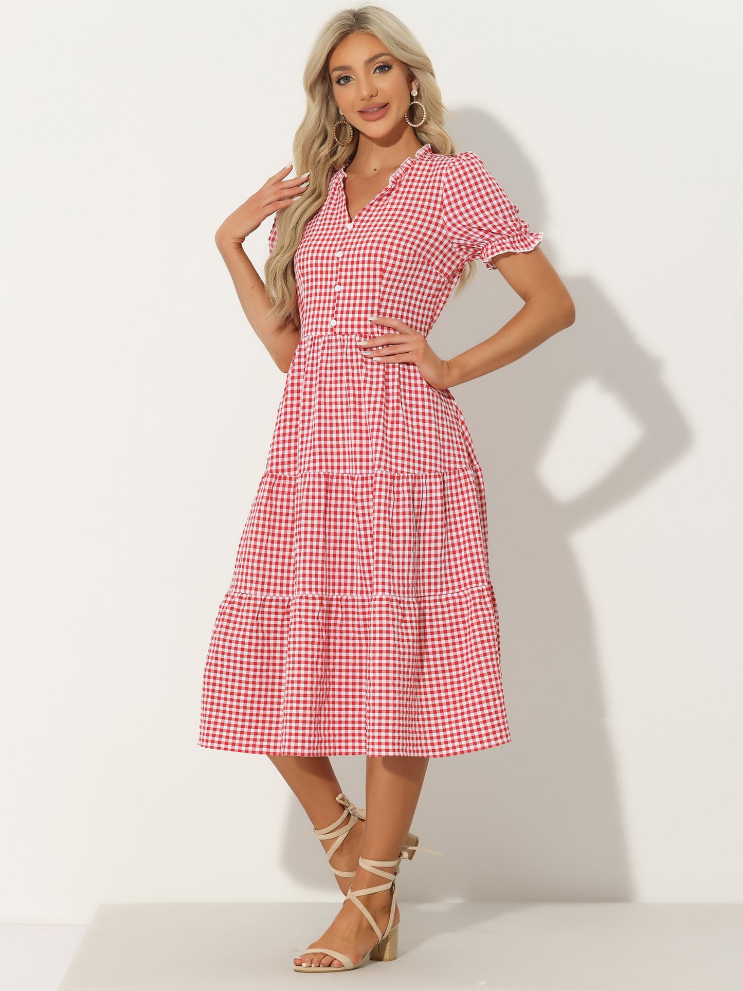 Women's Gingham Dress Summer Short Sleeve Ruffle Trim V Neck Button Decor Flowy Midi Dresses