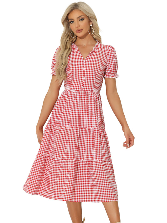 Women's Gingham Dress Summer Short Sleeve Ruffle Trim V Neck Button Decor Flowy Midi Dresses