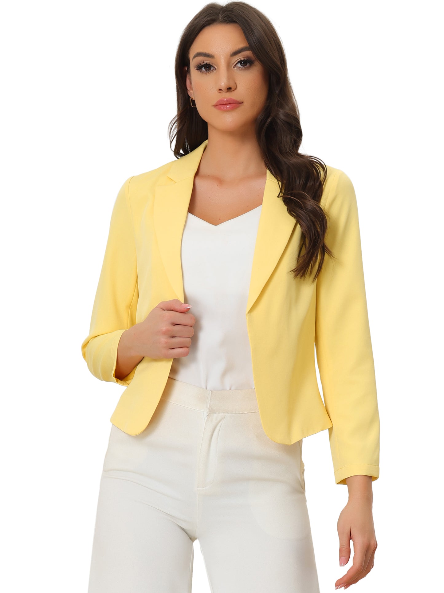 Allegra K Open Front Business Casual Workwear Crop Suit Blazer Jacket Yellow-Solid