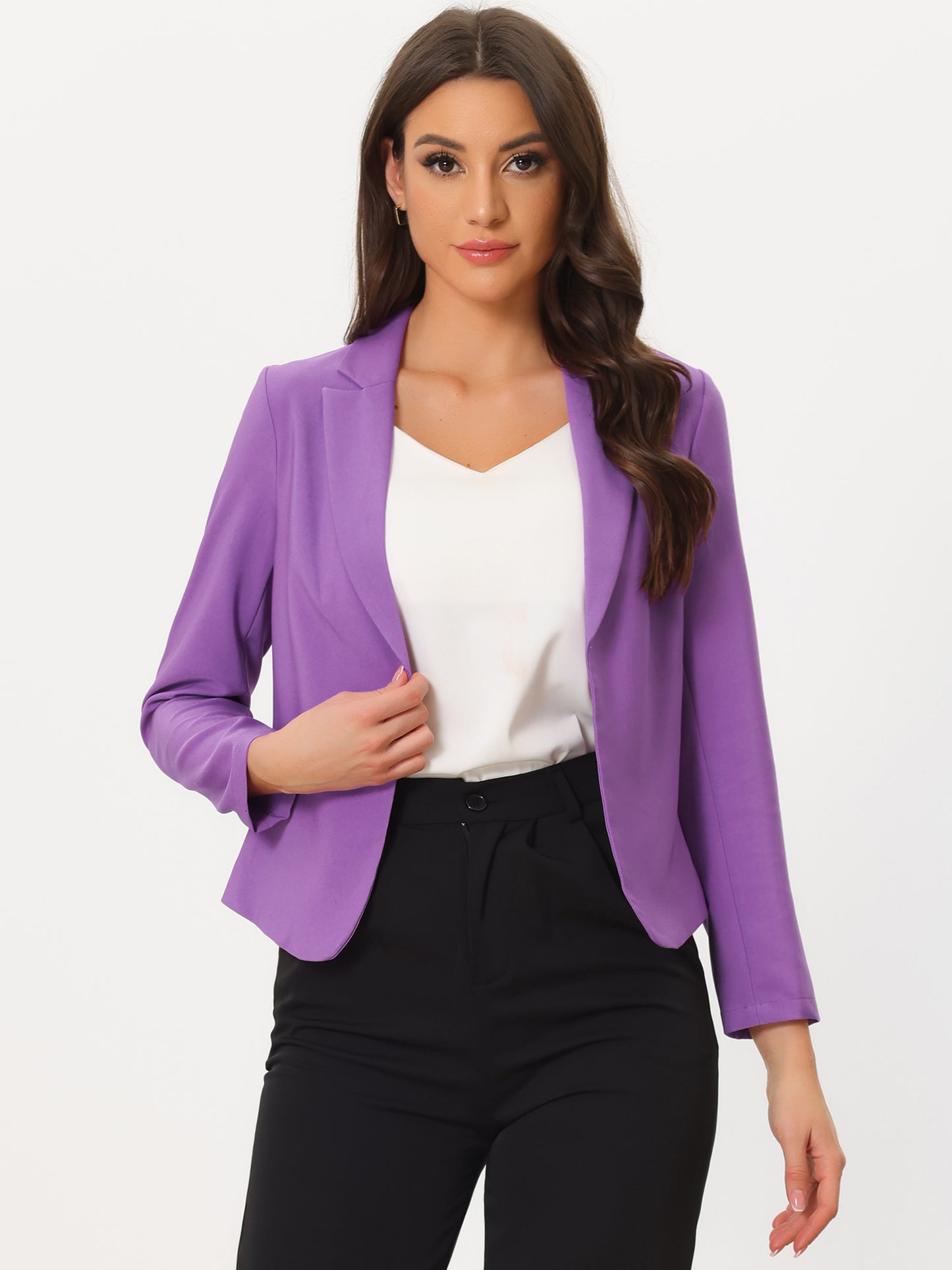Allegra K Open Front Business Casual Workwear Crop Suit Blazer Jacket Lavender-Solid