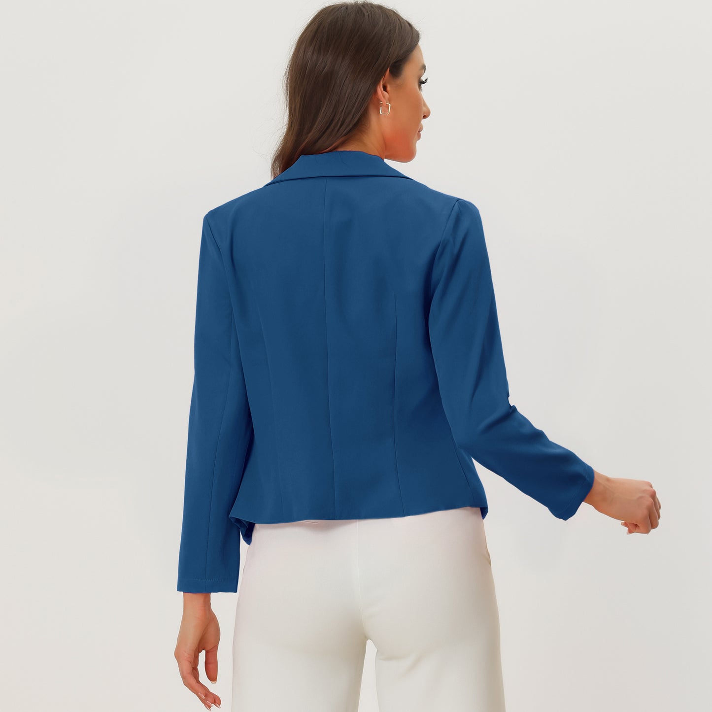 Allegra K Open Front Business Casual Workwear Crop Suit Blazer Jacket Lake Blue-Solid