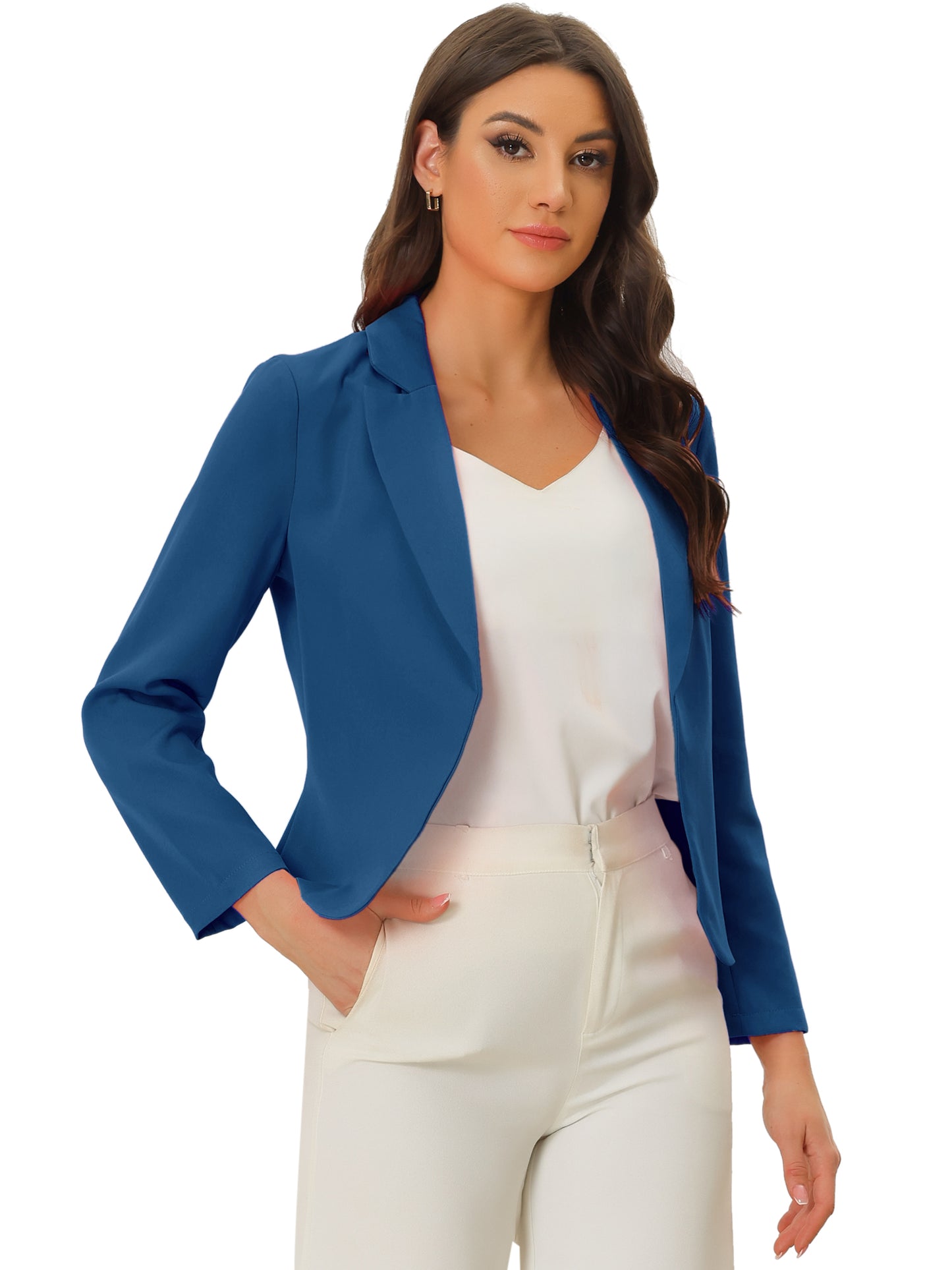 Allegra K Open Front Business Casual Workwear Crop Suit Blazer Jacket Lake Blue-Solid
