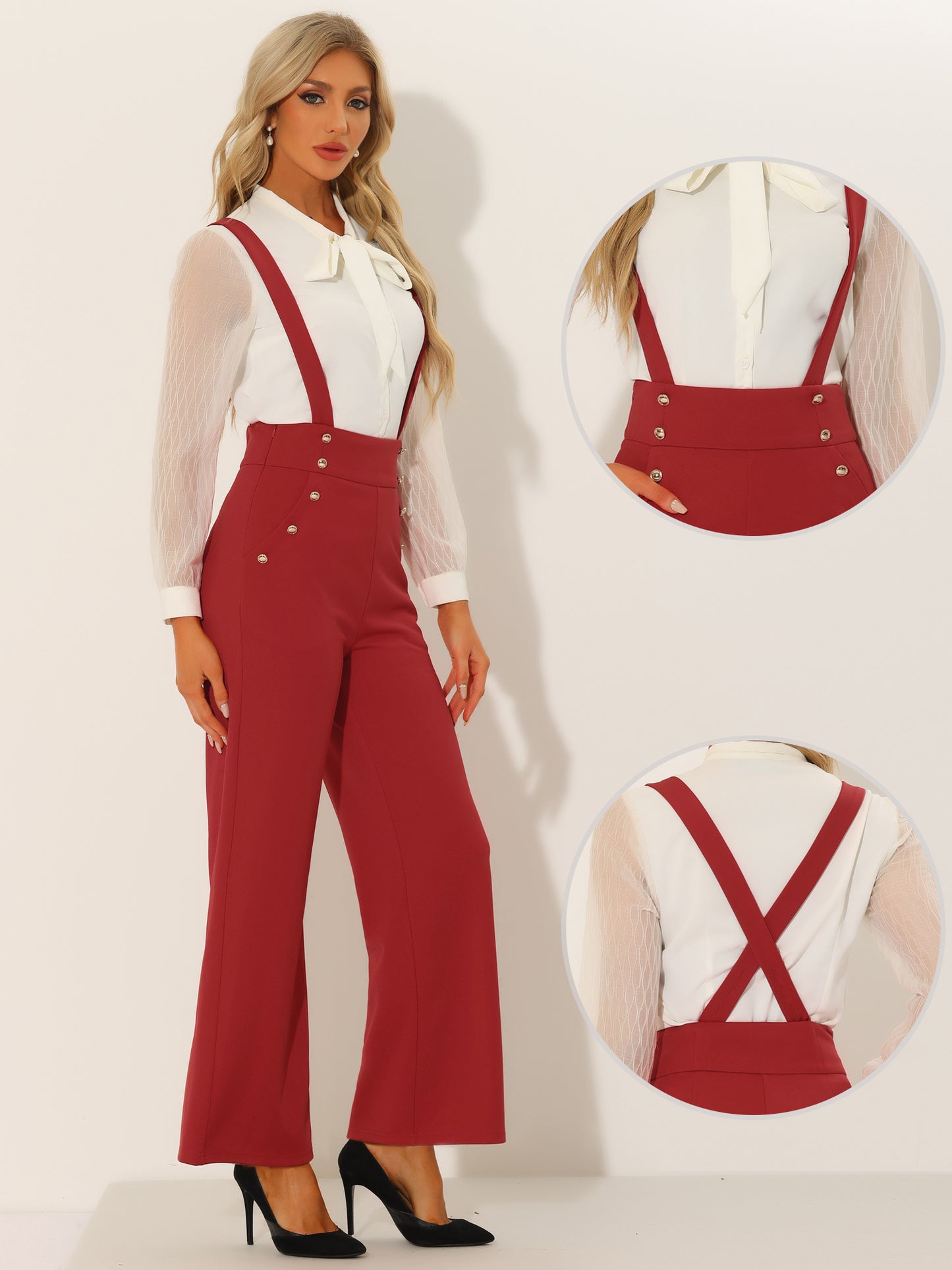 Mono informal de oficina para mujer con tirantes ajustables y pierna ancha