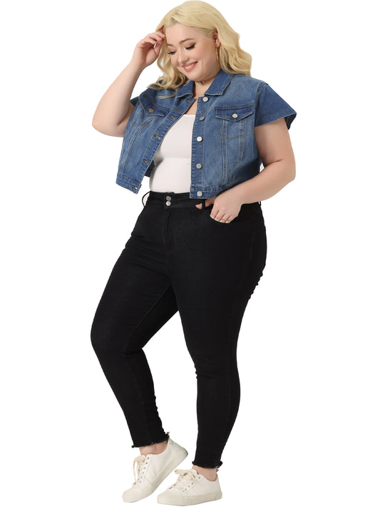 Chaleco vaquero de talla grande para mujer, estilo Y2K, con botones, manga corta, estilo urbano, chaqueta vaquera recortada