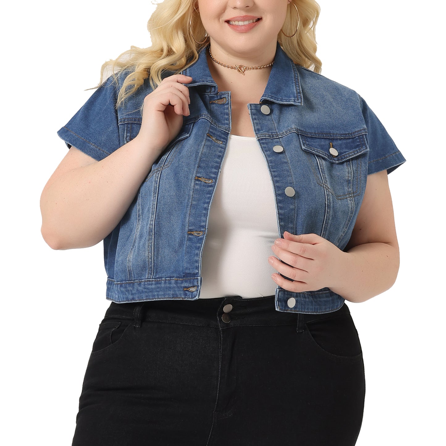 Chaleco vaquero de talla grande para mujer, estilo Y2K, con botones, manga corta, estilo urbano, chaqueta vaquera recortada