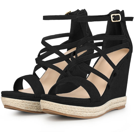 Sandalias de cuña con tiras y plataforma de mezclilla para mujer