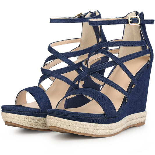 Sandalias de cuña con tiras y plataforma de mezclilla para mujer