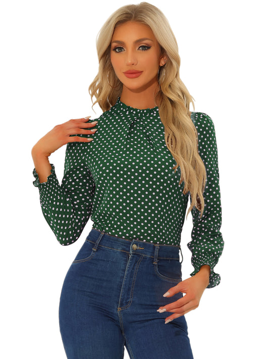 Women's Printed Ruffled Mock Neck Puff Long Sleeve Blouse Top