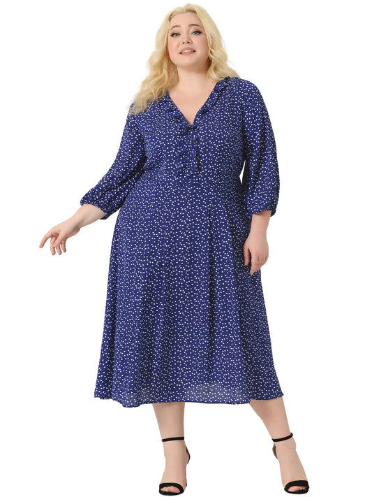 Vestido informal de talla grande para mujer, con mangas 3/4, escote en forma de corazón, estampado midi y volantes