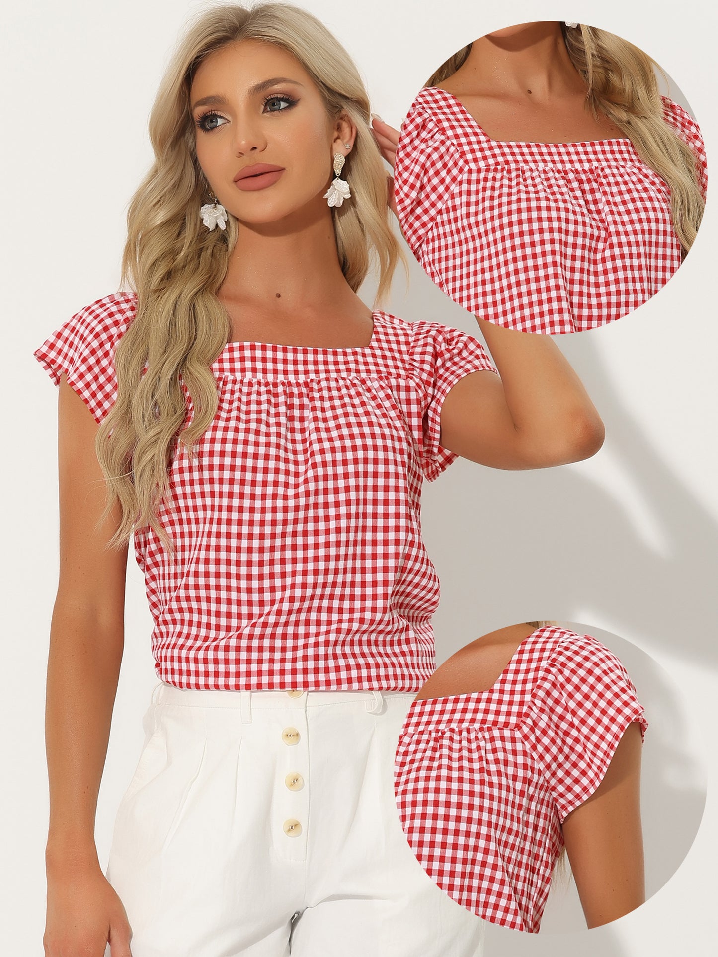 Women's Cap Sleeve Summer Square Neck Gingham Blouse Top
