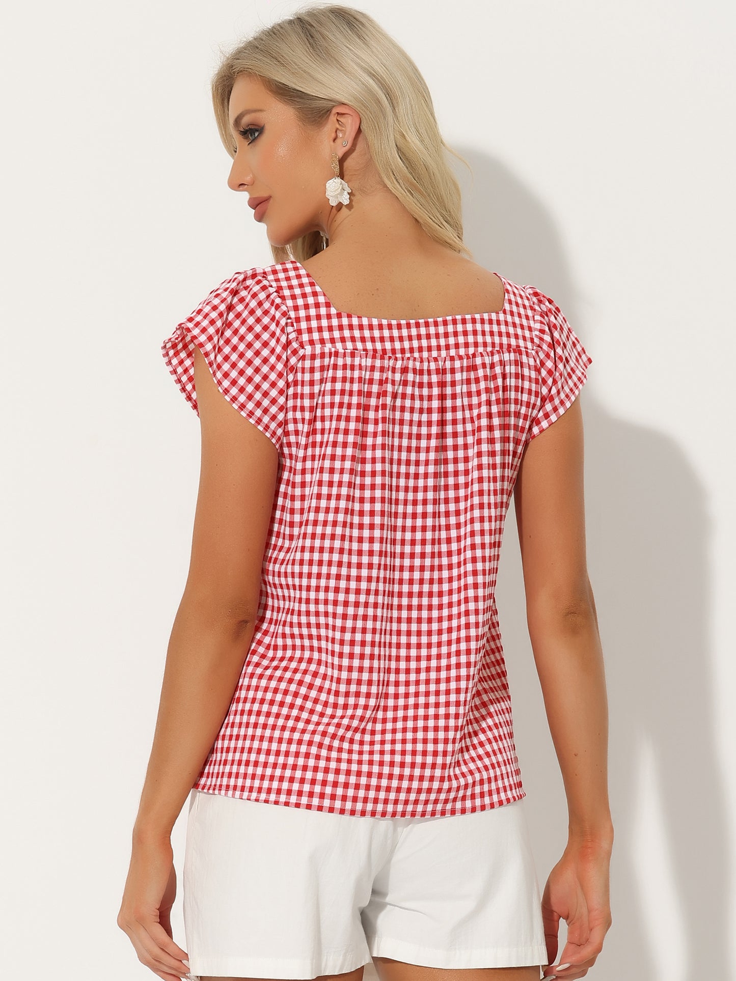 Women's Cap Sleeve Summer Square Neck Gingham Blouse Top