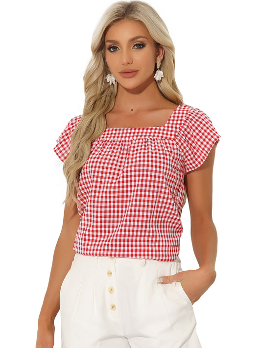 Women's Cap Sleeve Summer Square Neck Gingham Blouse Top
