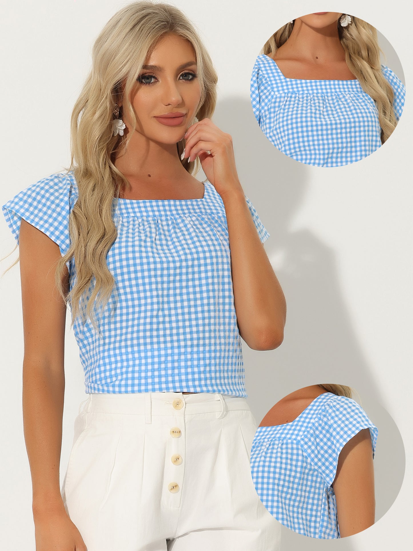 Women's Cap Sleeve Summer Square Neck Gingham Blouse Top