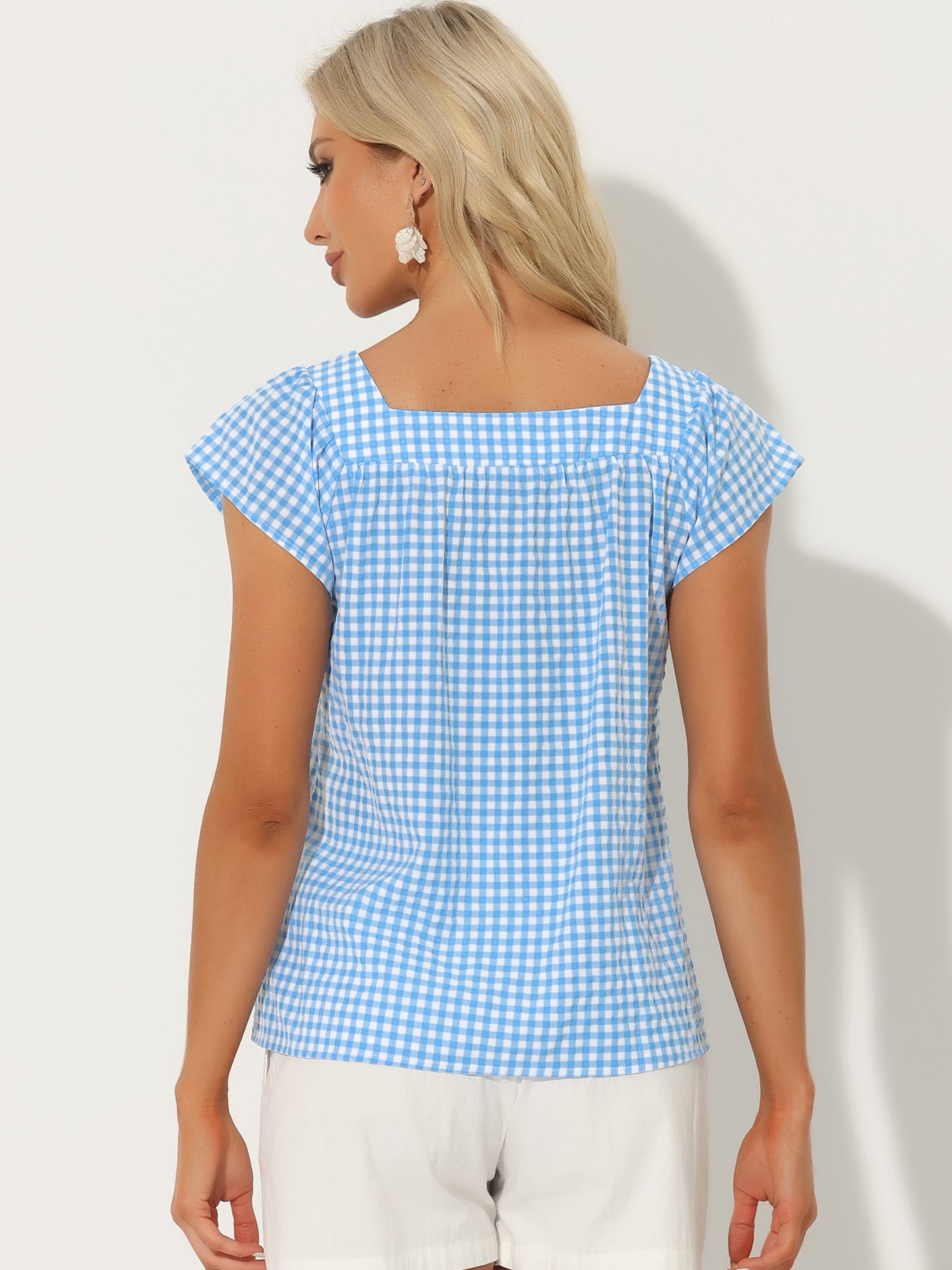 Women's Cap Sleeve Summer Square Neck Gingham Blouse Top