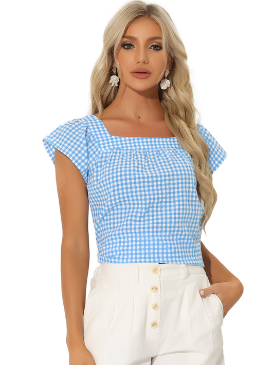 Women's Cap Sleeve Summer Square Neck Gingham Blouse Top