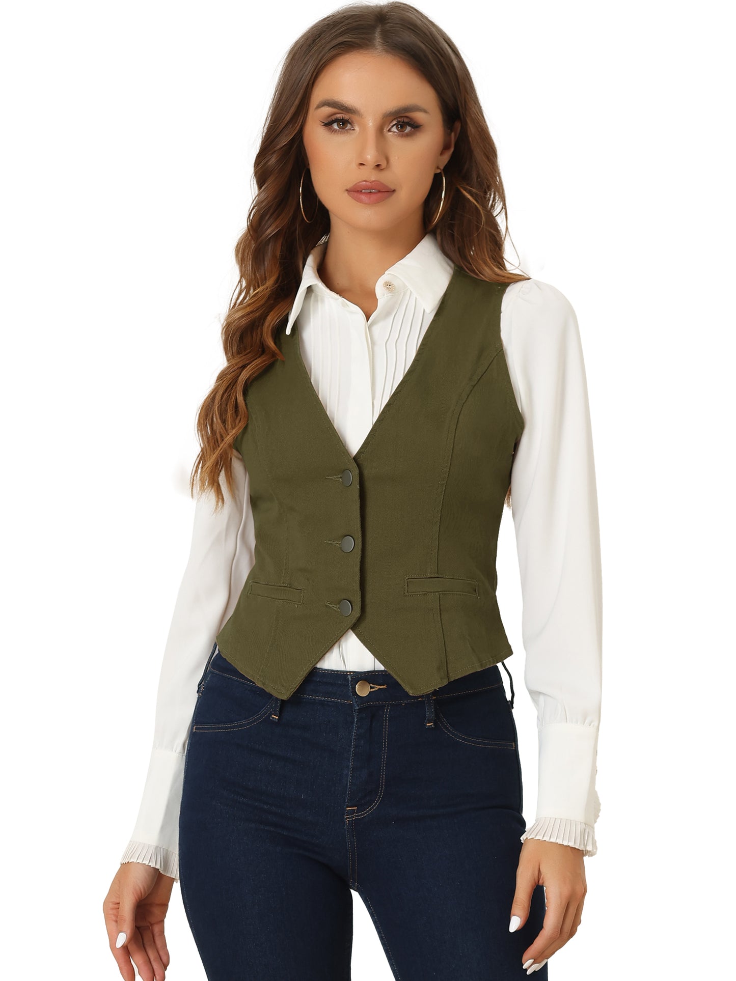 Women's Sleeveless V Neck Button Down Denim Waistcoat Vest (Available in Plus Size)