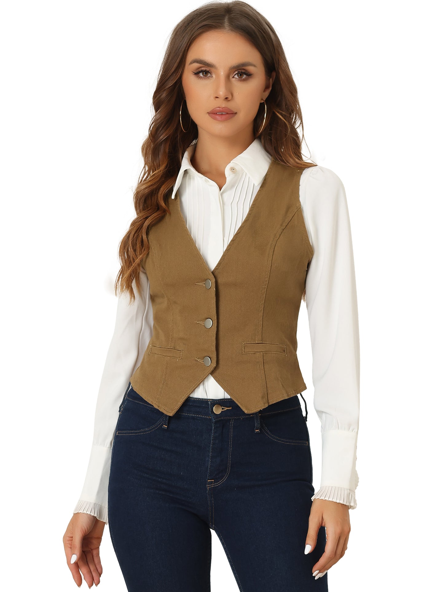 Women's Sleeveless V Neck Button Down Denim Waistcoat Vest (Available in Plus Size)