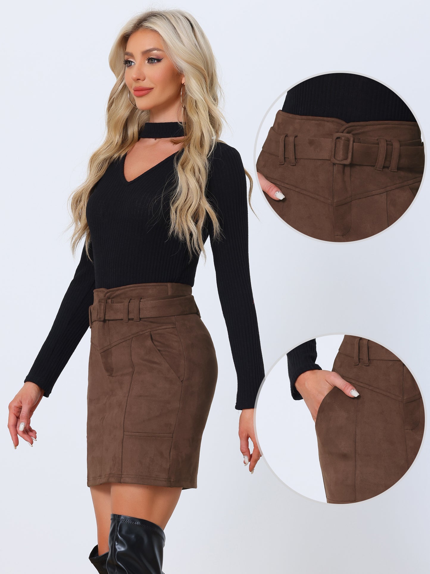 Women's Faux Suede Skirt High Waist Casual Belted Pencil Skirts