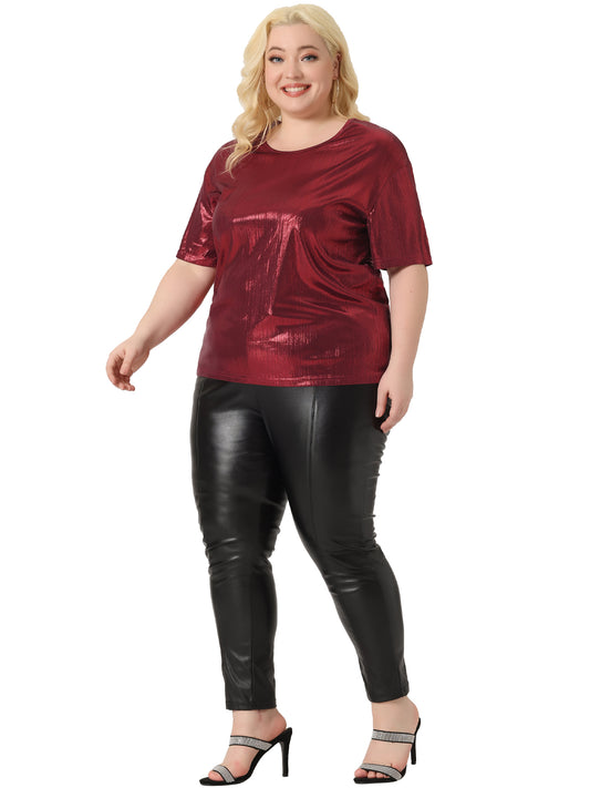 Women Plus Size Top Metallic Round Neck Short Sleeve T-Shirt Party Tee Top