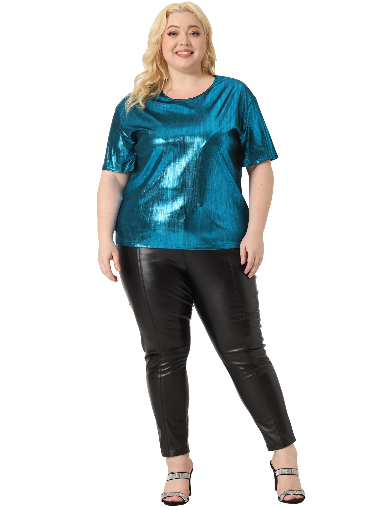 Women Plus Size Top Metallic Round Neck Short Sleeve T-Shirt Party Tee Top