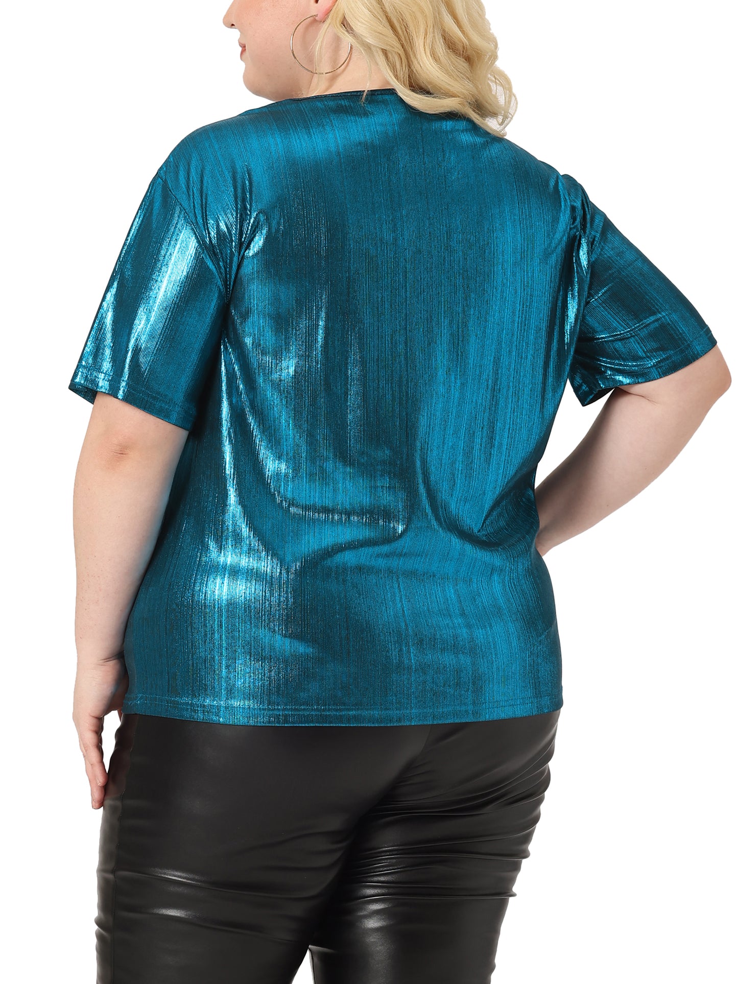 Women Plus Size Top Metallic Round Neck Short Sleeve T-Shirt Party Tee Top