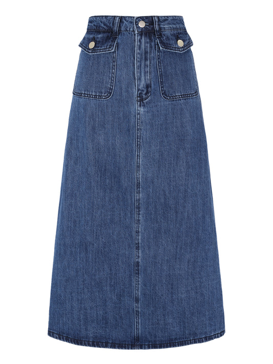 Falda vaquera larga de cintura alta con bolsillo y solapa para mujer