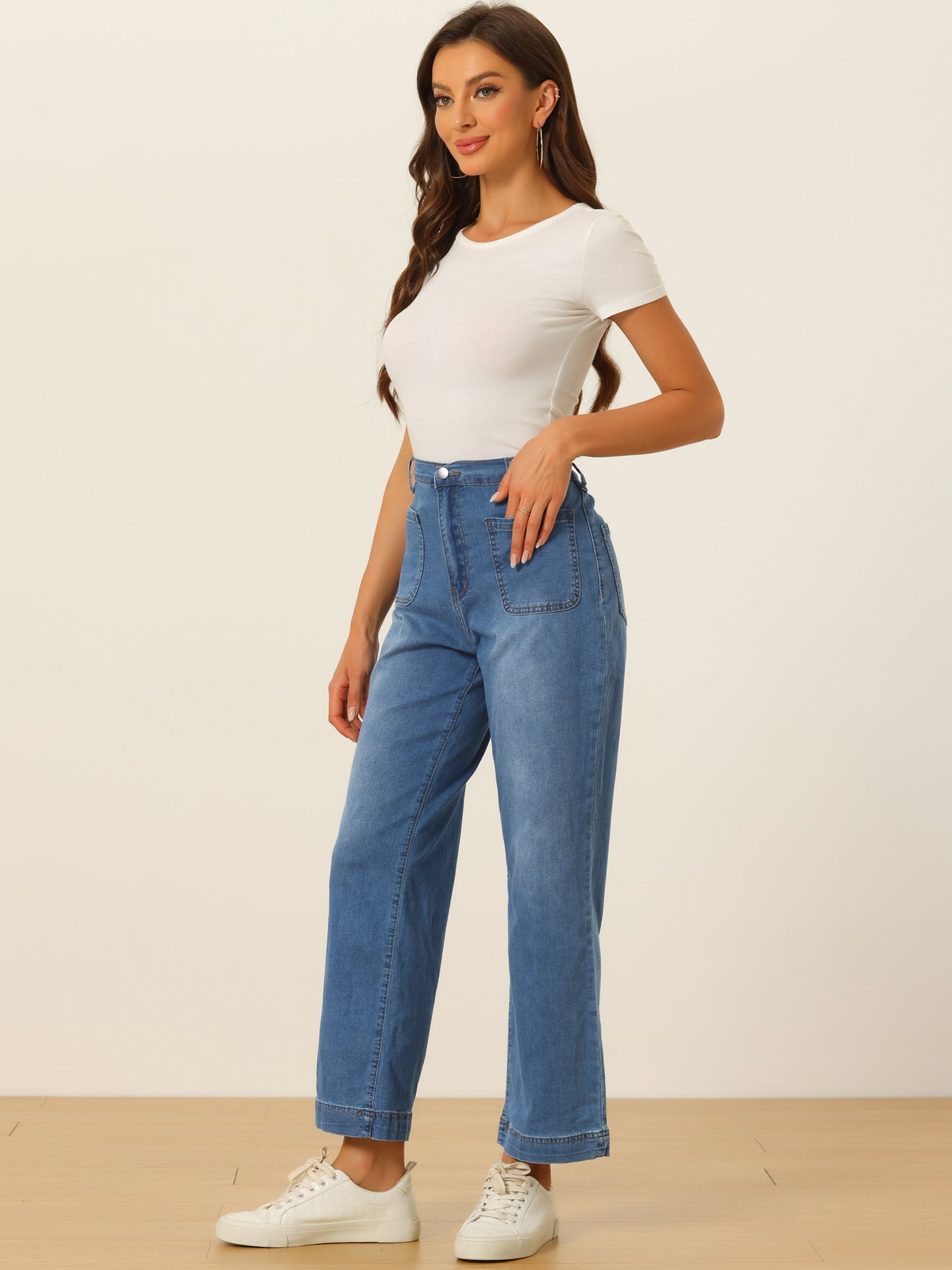 Women's Wide Leg Jeans High Waisted Stretchy Straight Leg Jeans Buttoned Loose Denim Pants