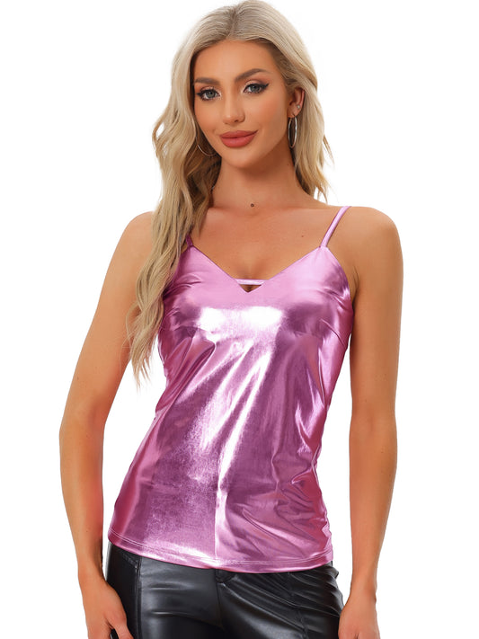 Women's Metallic Shiny Party Tank Top Deep V Camisole Top