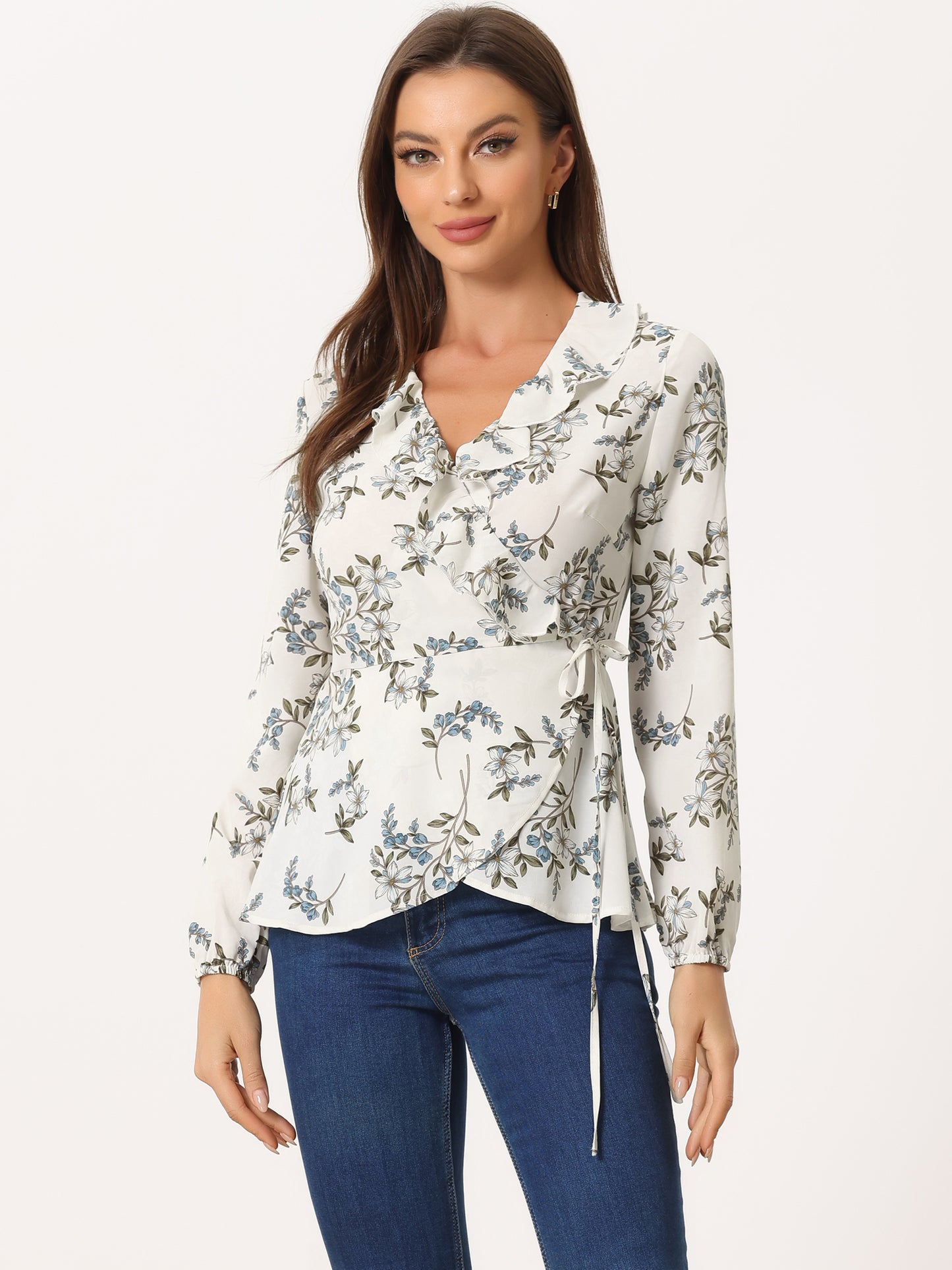 Women's Floral V Neck Wrap Top Long Sleeve Tie Waist Ruffle Peplum Blouse