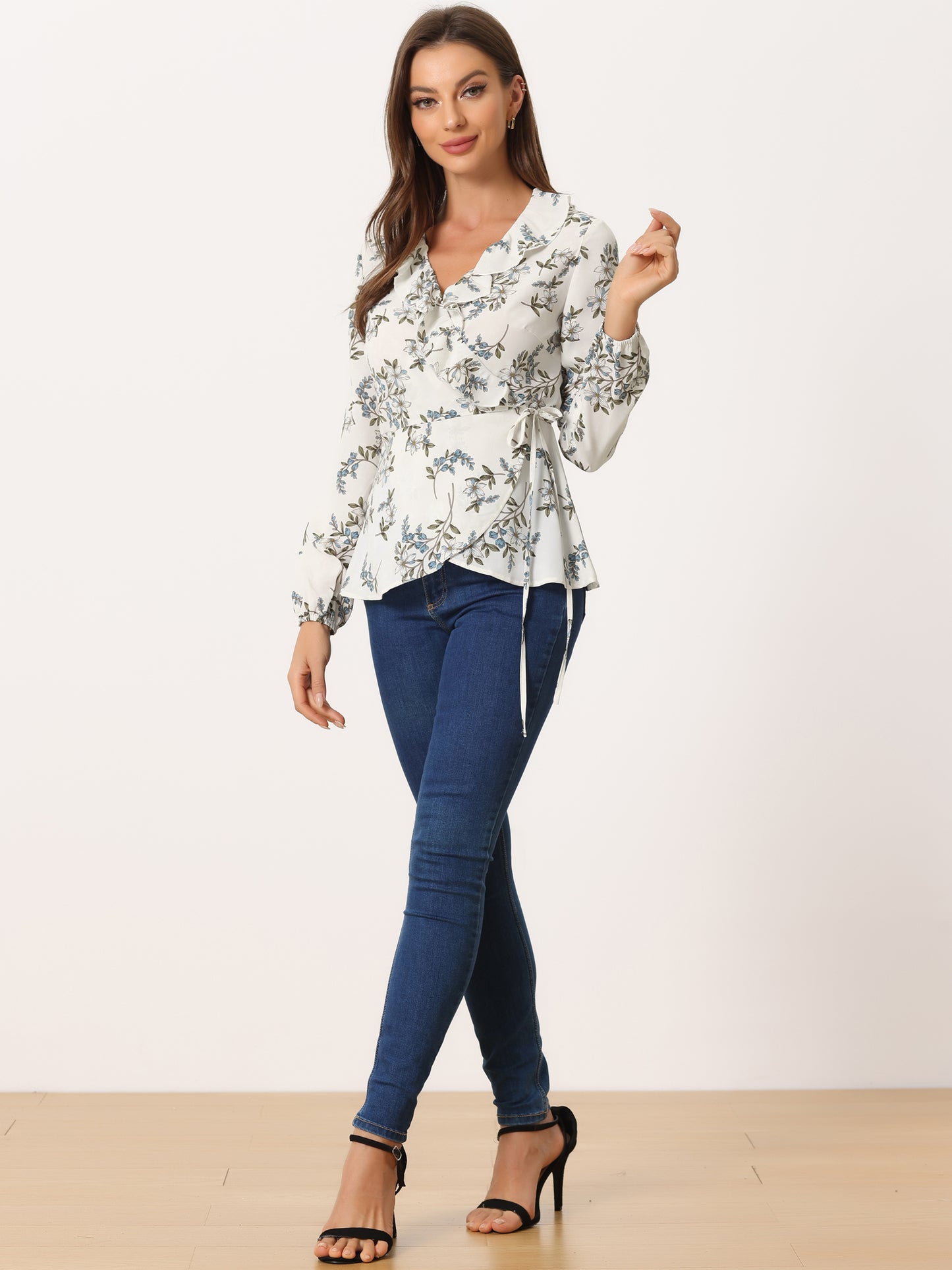 Women's Floral V Neck Wrap Top Long Sleeve Tie Waist Ruffle Peplum Blouse