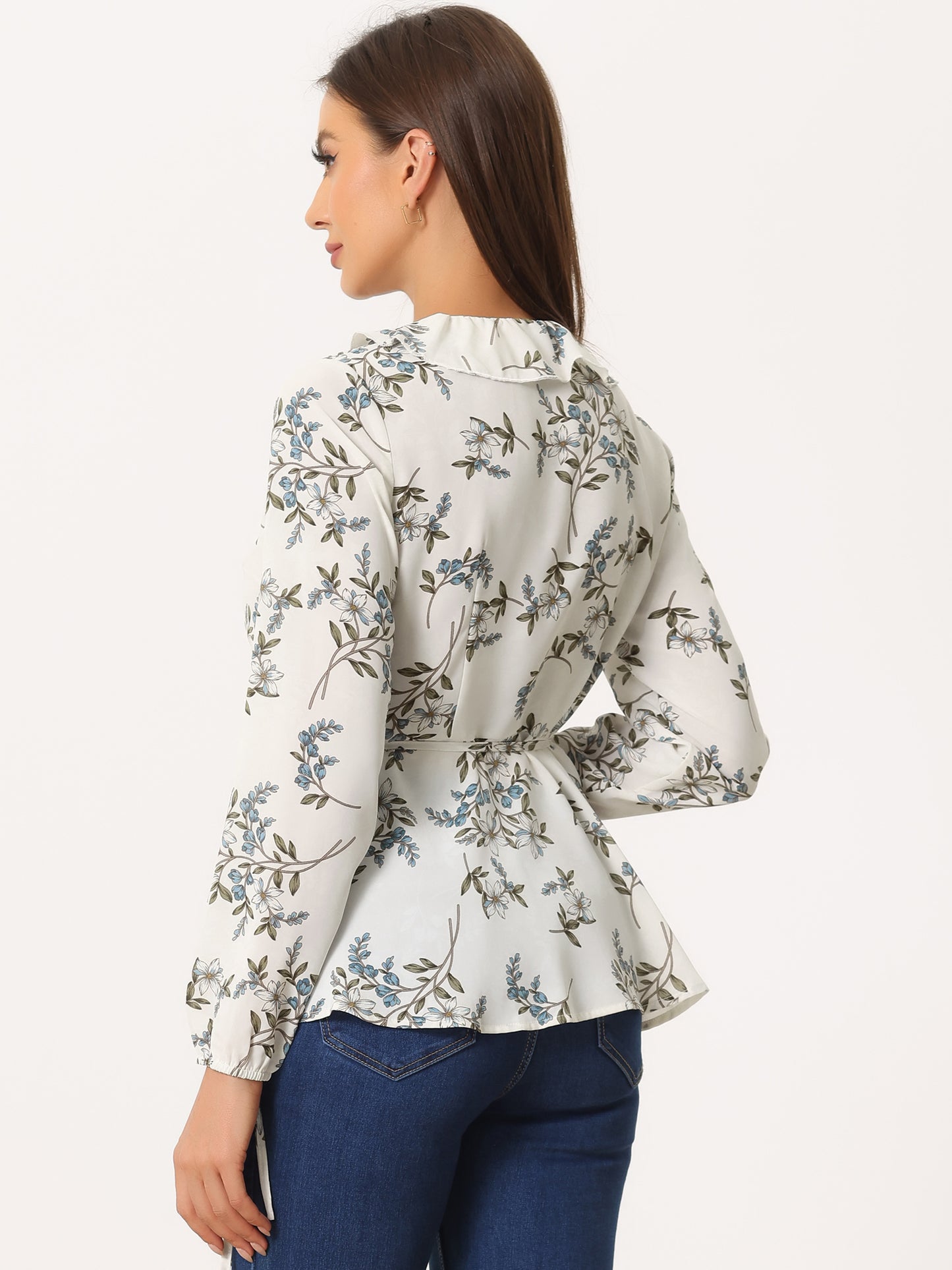 Women's Floral V Neck Wrap Top Long Sleeve Tie Waist Ruffle Peplum Blouse