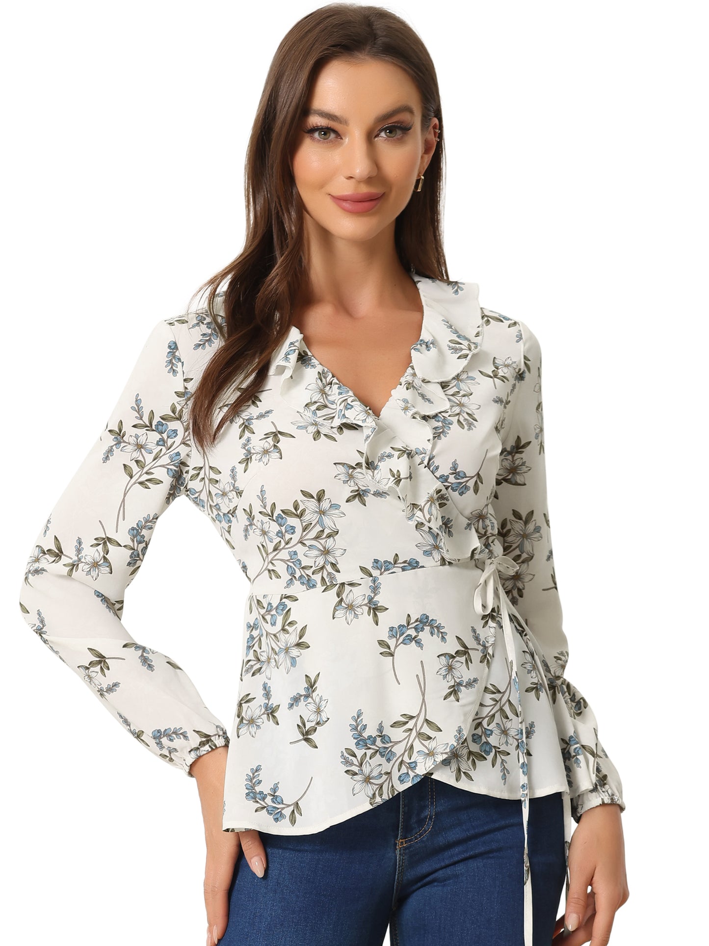 Women's Floral V Neck Wrap Top Long Sleeve Tie Waist Ruffle Peplum Blouse