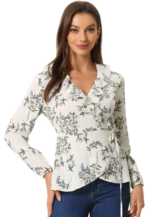 Women's Floral V Neck Wrap Top Long Sleeve Tie Waist Ruffle Peplum Blouse
