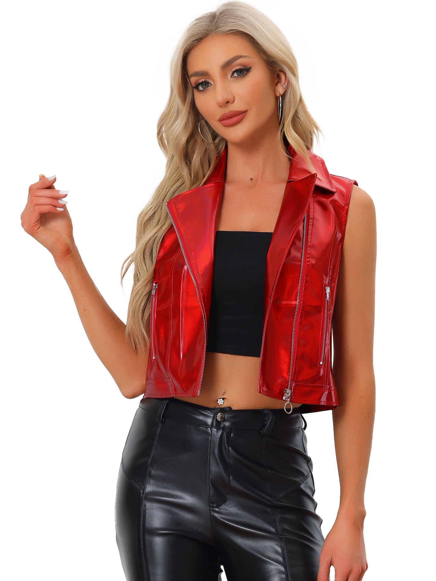 Women's Metallic Faux Leather Vest Lapel Collar Zip Sleeveless Cropped Jacket (Available in Plus Size)