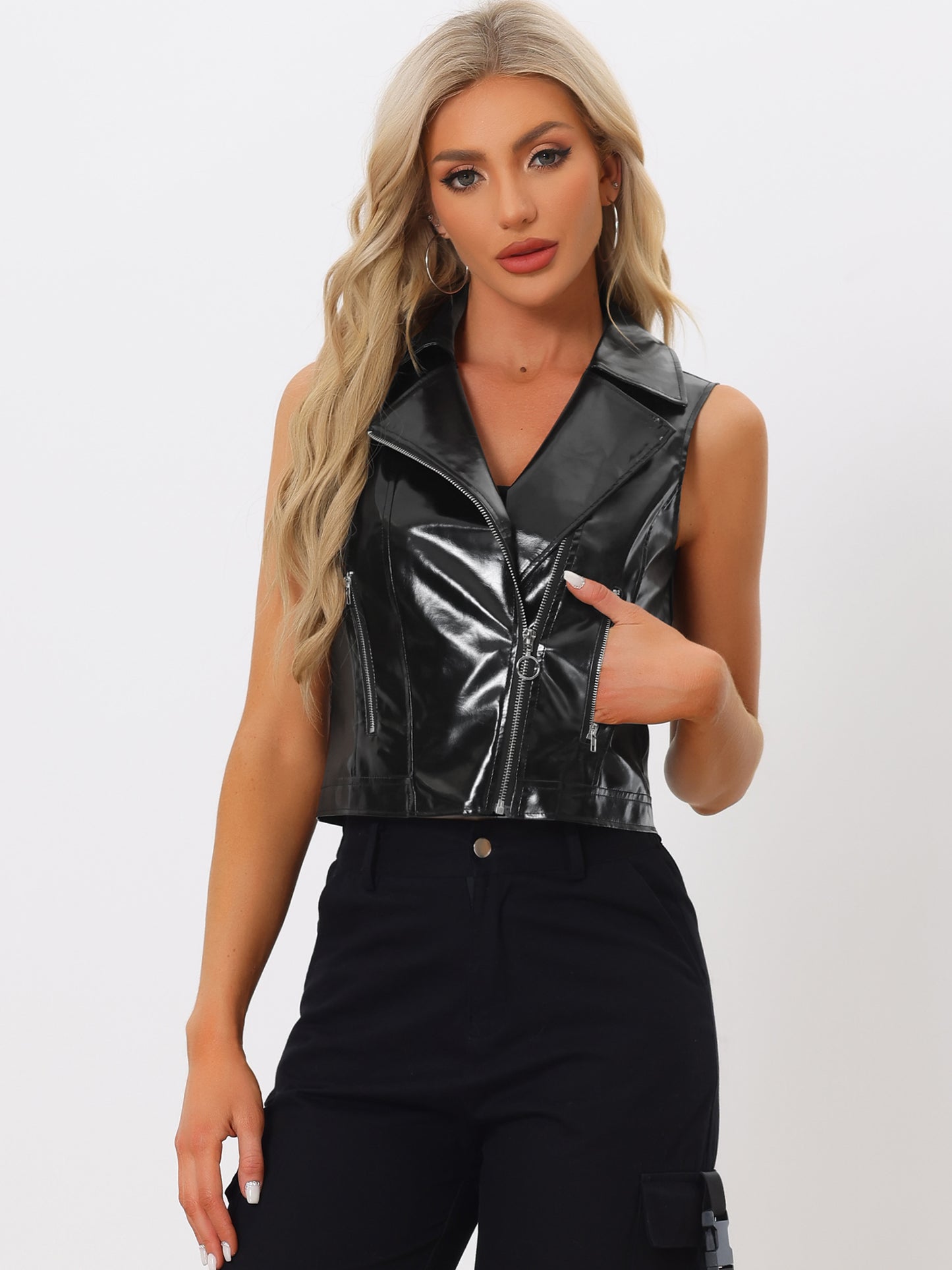 Women's Metallic Faux Leather Vest Lapel Collar Zip Sleeveless Cropped Jacket (Available in Plus Size)