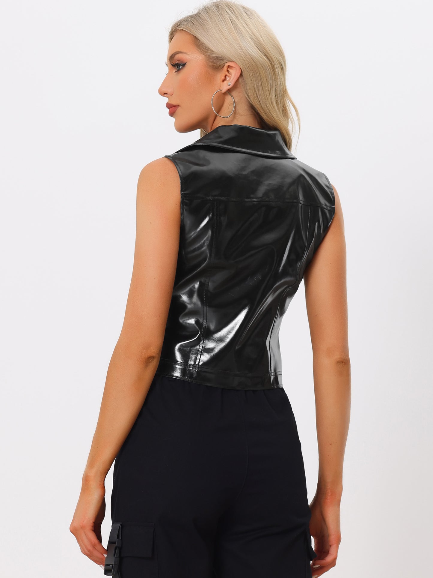 Women's Metallic Faux Leather Vest Lapel Collar Zip Sleeveless Cropped Jacket (Available in Plus Size)