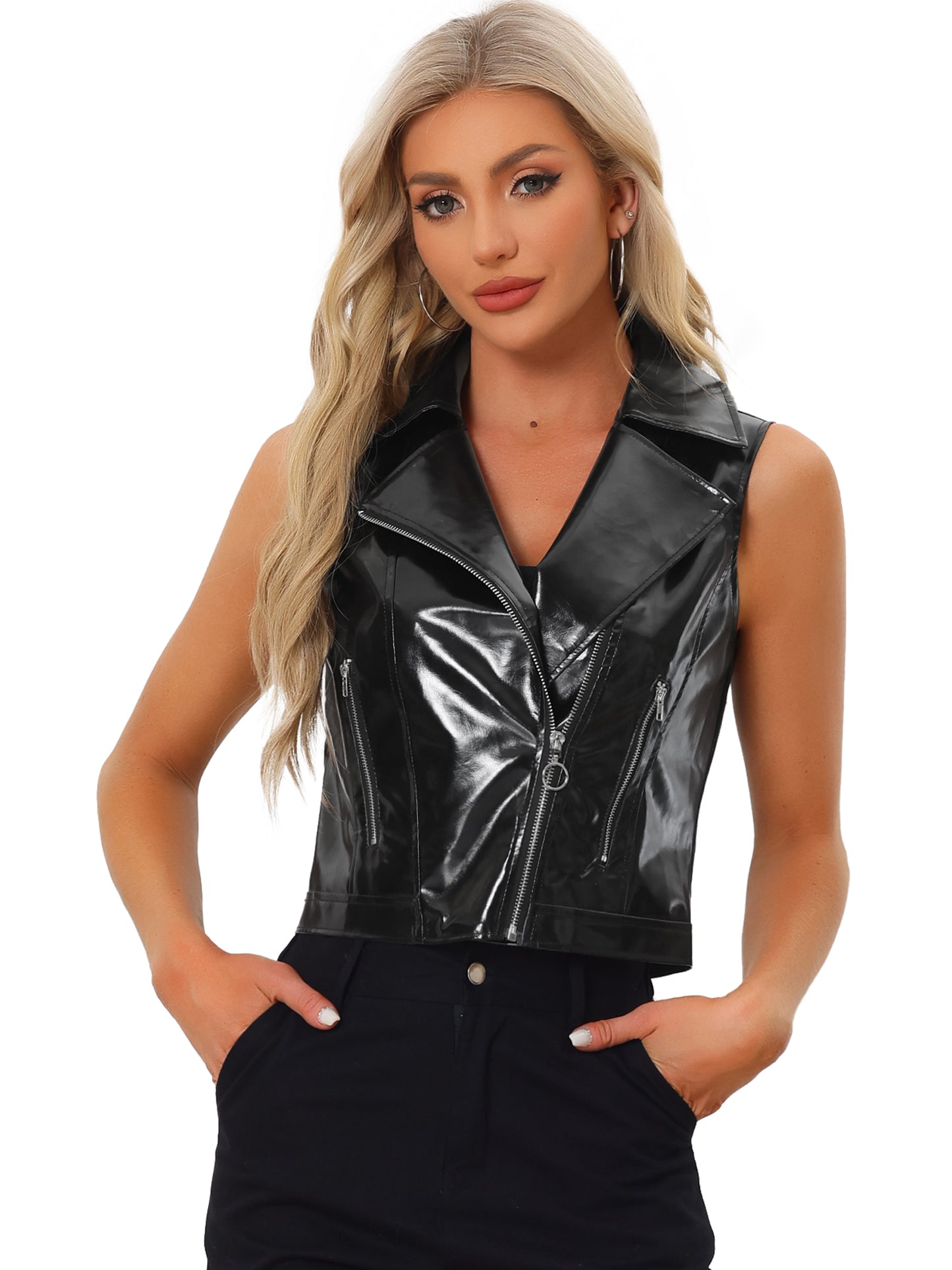 Women's Metallic Faux Leather Vest Lapel Collar Zip Sleeveless Cropped Jacket (Available in Plus Size)