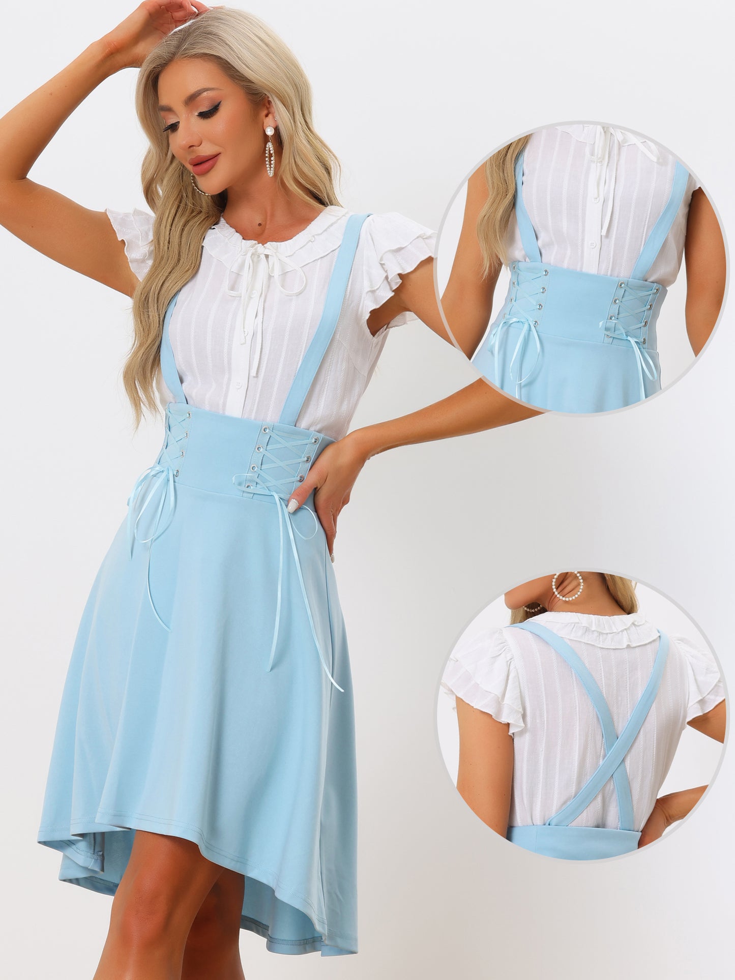 Women's Goth Girl Summer Brace Skirts Lace Up Midi High Low Suspender Skirt