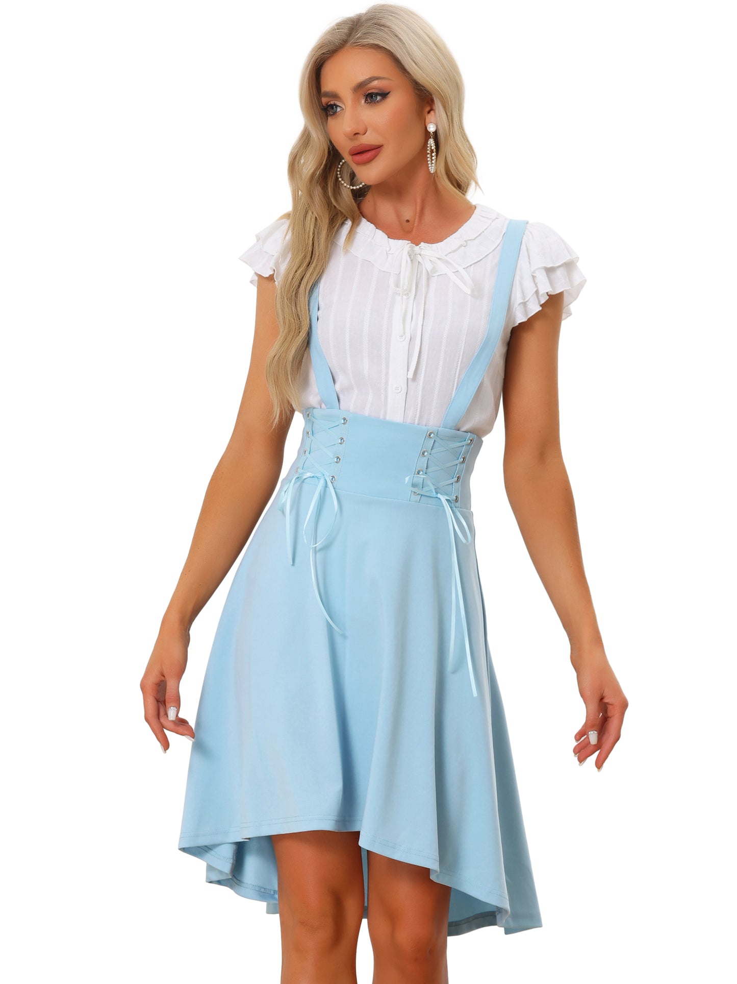 Women's Goth Girl Summer Brace Skirts Lace Up Midi High Low Suspender Skirt