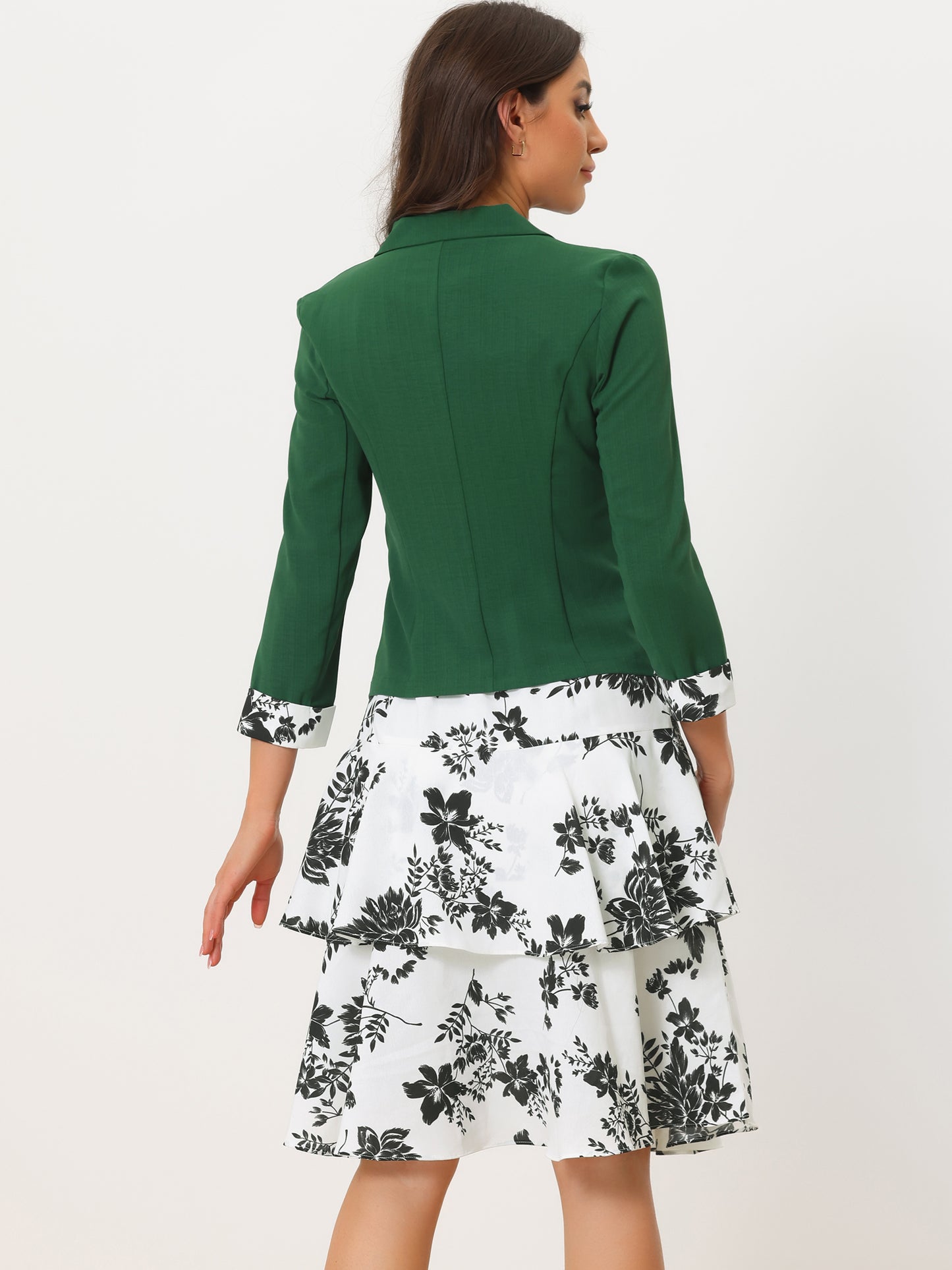Women's Dress Suit Set Chiffon V Neck Floral Print Dress Contrast Panel Work Blazer