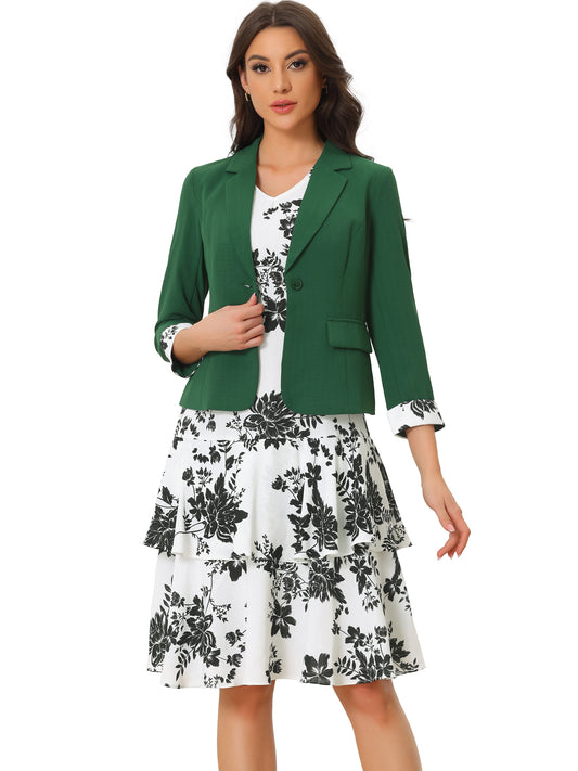 Women's Dress Suit Set Chiffon V Neck Floral Print Dress Contrast Panel Work Blazer