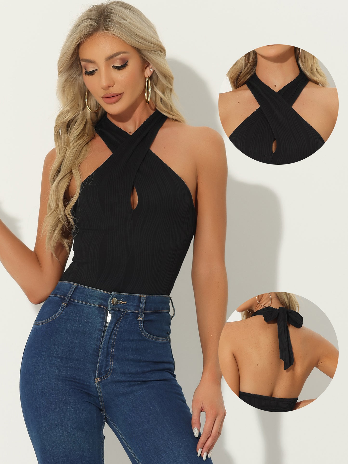 Women's Sleeveless Criss Cross Halter Neck Bodysuits Clubwear Sexy Bodysuit Top