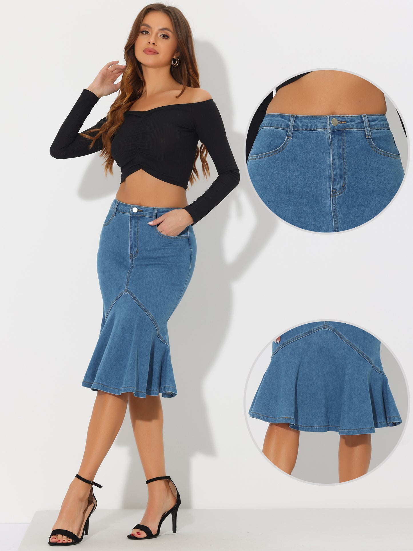 Women's Denim Jean Skirt High Waist Bodycon Ruffles Fishtail Skirt