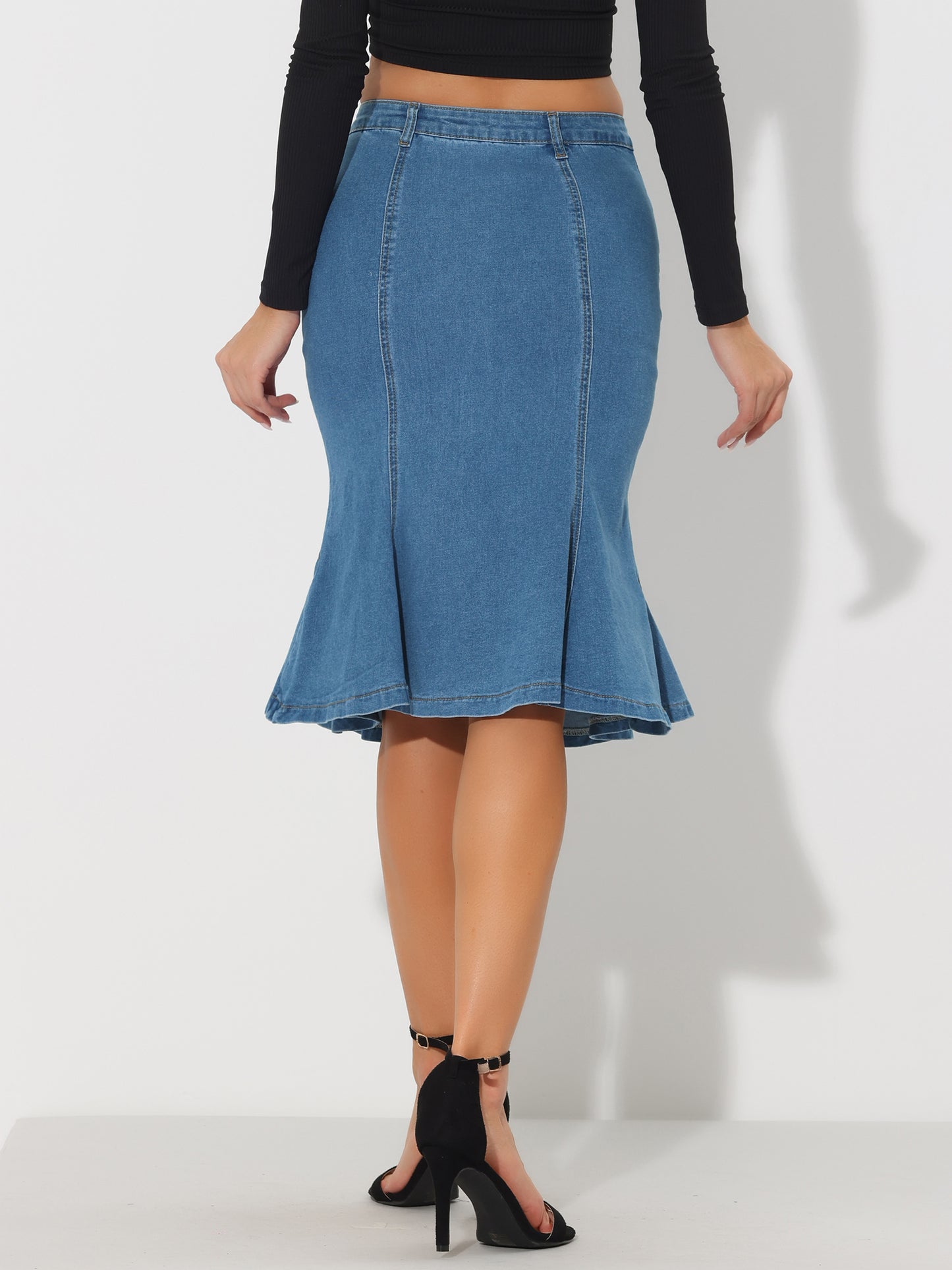 Women's Denim Jean Skirt High Waist Bodycon Ruffles Fishtail Skirt