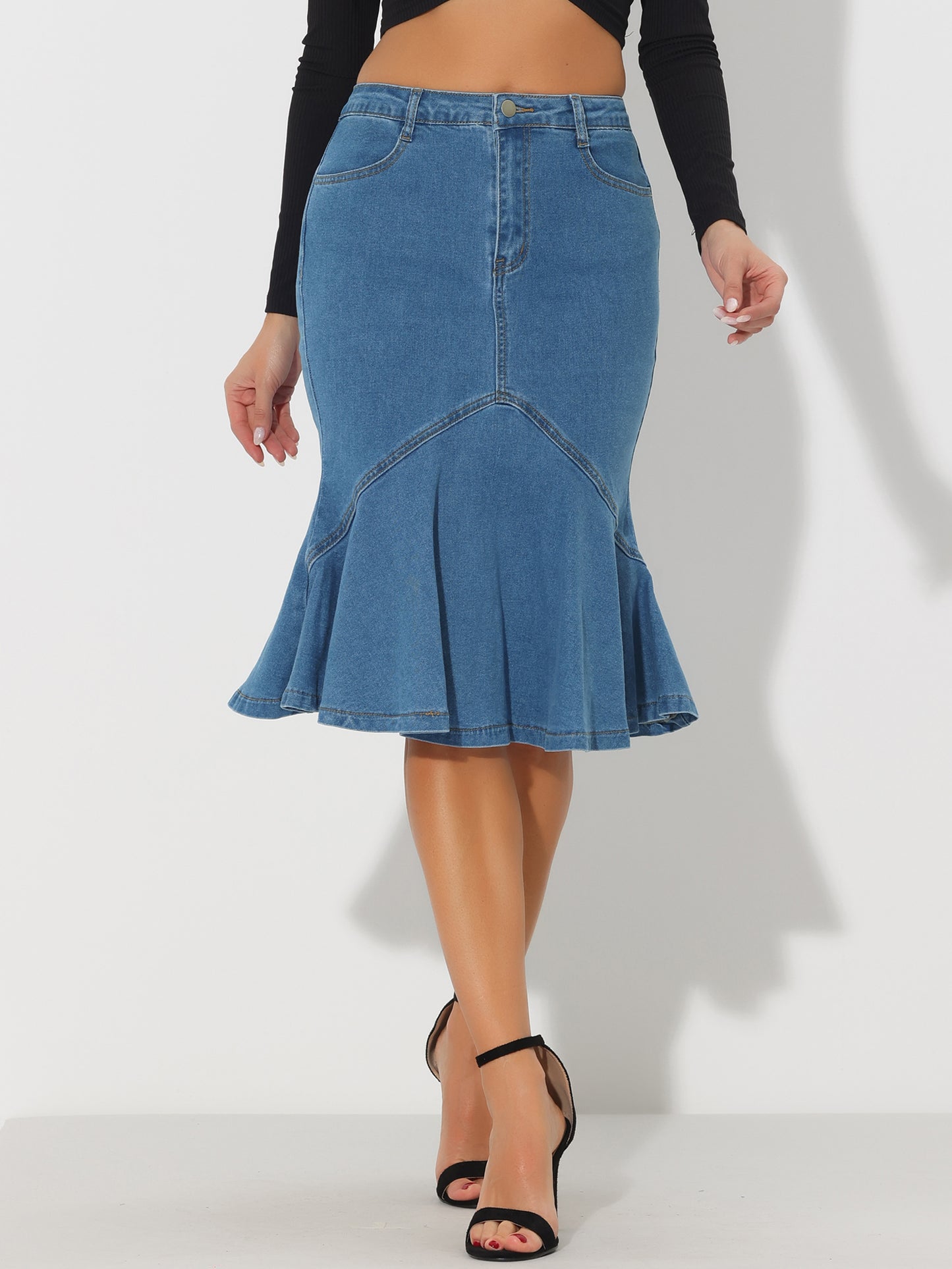 Women's Denim Jean Skirt High Waist Bodycon Ruffles Fishtail Skirt