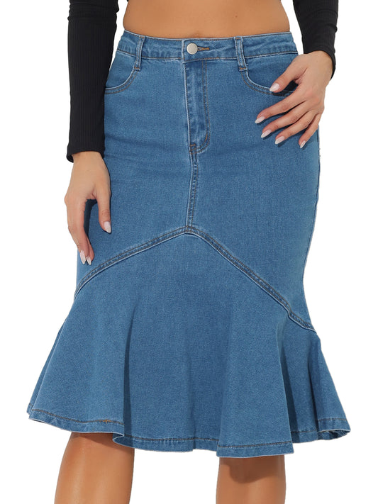 Women's Denim Jean Skirt High Waist Bodycon Ruffles Fishtail Skirt