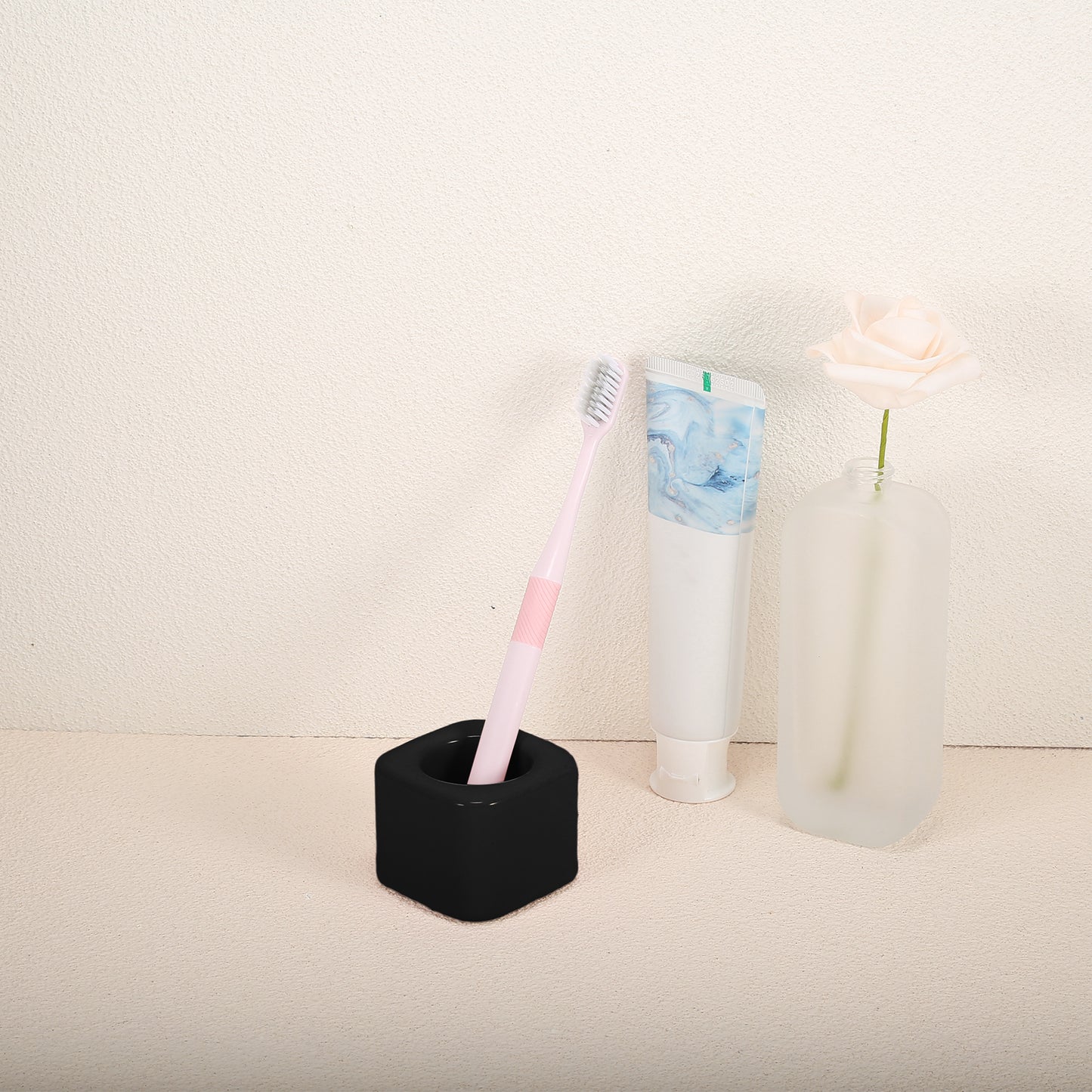 Mini portacepillos de dientes cuadrado de cerámica para baño, 5,7 x 5,7 x 4,4 cm, color negro