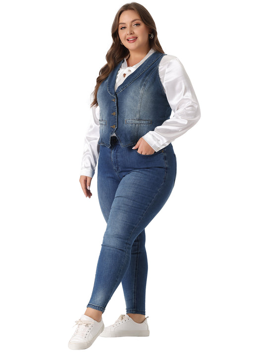 Women Plus Size Denim Vest Button Down Jean Waistcoat Sleeveless Jacket