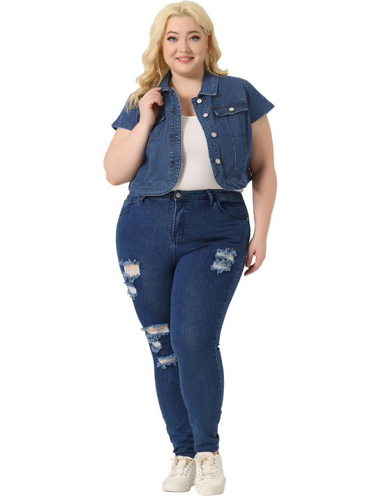 Chaqueta vaquera de manga corta de talla grande para mujer, estilo Y2K, con botones, estilo urbano, chaqueta vaquera corta